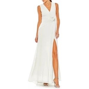 Mac Duggal Ieena Draped Side Knot Jersey Gown Maxi Dress in White
